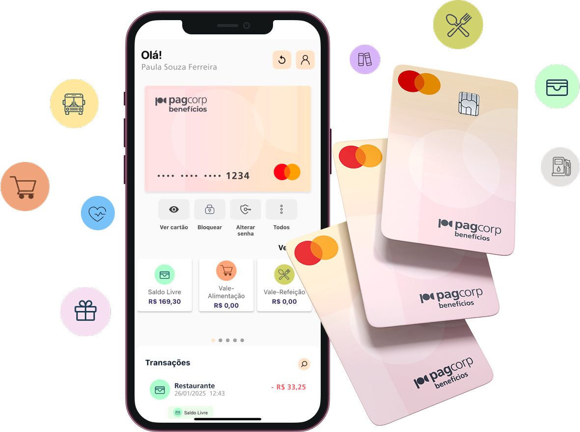 The PagCorp app displays balances by category and recent transactions, alongside two PagCorp Benefits cards.